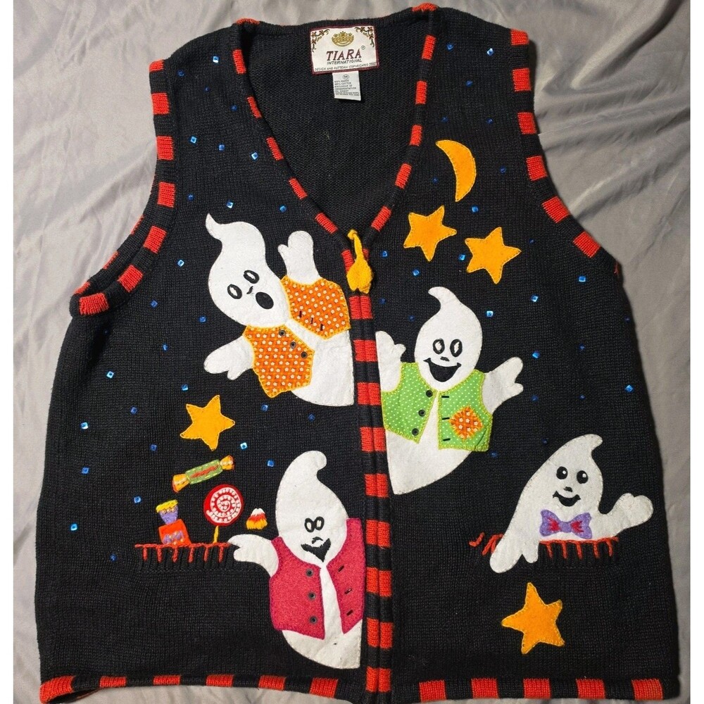Tiara International Vintage Halloween Sweater Vest Ghosts Size Medium